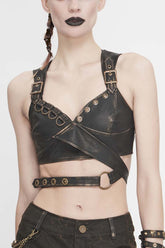 Braune Vintage handgewischte Leder Schulterschlaufe rückenfreie Schnürung kurze Punk-Weste für Damen